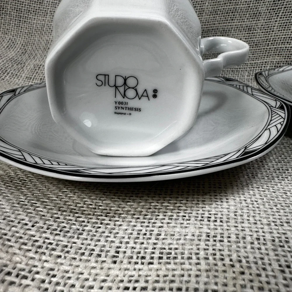Studio Nova Synthesis Y0031 Octagonal Tea Cup Saucer Set Black Grey White 2pc